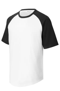 A short sleeve colourblock raglan jersey featuring a white body and black sleeves. The shirt has a logo.