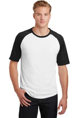 A man is wearing a white short sleeve colourblock raglan jersey with black sleeves. The shirt features a logo.