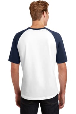 A short sleeve colourblock raglan jersey featuring white body and navy sleeves, with a logo on the back.