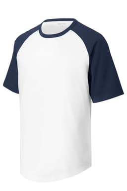 A short sleeve jersey featuring a white body and navy raglan sleeves, with a logo on the shirt.