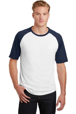 A model wearing a short sleeve colourblock raglan jersey in white with navy sleeves and a logo.
