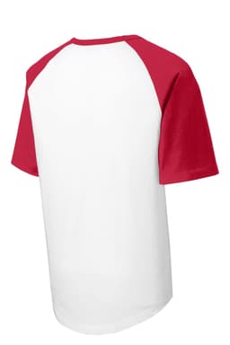 A short sleeve colourblock raglan jersey featuring red sleeves and a white body, with a logo on the design.