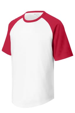 A short sleeve colourblock raglan jersey featuring red sleeves and a white body, with a logo on the chest.