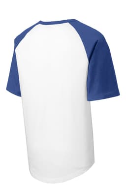 A short sleeve colourblock raglan jersey with a white body and blue sleeves, featuring a logo.