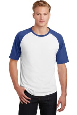 A short sleeve, colourblock raglan jersey featuring white fabric and blue sleeves, with a logo on the front.