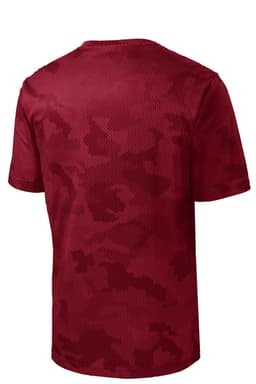 A red camouflage patterned youth t-shirt featuring a breathable mesh design and a logo on the front.