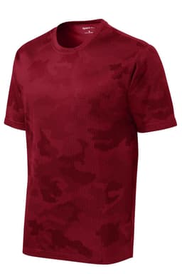 A red youth t-shirt featuring a camo pattern and a logo on the upper back.