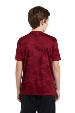 A red camo-patterned youth t-shirt with short sleeves and a logo on the back.