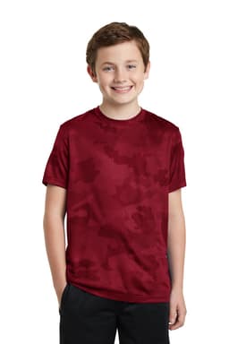 A red camo-patterned youth t-shirt with a regular fit and a logo on the front.