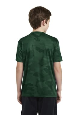 A green camouflage youth t-shirt featuring a logo on the back. The fabric has a textured design.