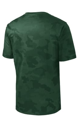 A green camo-patterned youth T-shirt with a mesh texture and a branded logo on the back.
