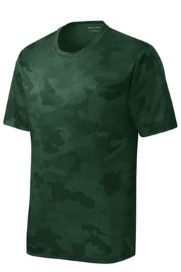 A green camo-patterned t-shirt made from mesh fabric, featuring a round neckline and short sleeves, with a logo.