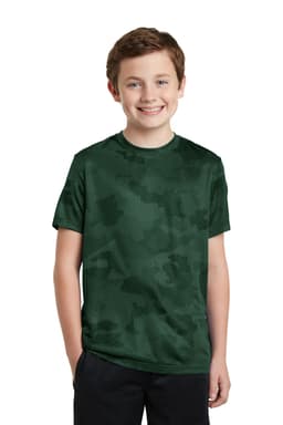 A youth t-shirt in dark green camo pattern, made from a breathable fabric, featuring a logo on the sleeve.
