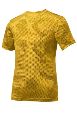 A yellow camo patterned youth T-shirt with a mesh design, featuring a logo on one side.