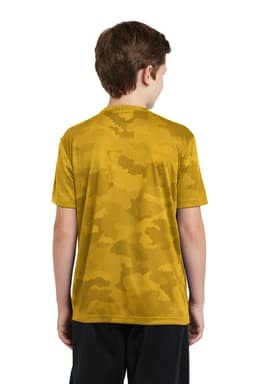 A yellow camo-patterned youth t-shirt with a mesh texture, featuring a logo on the back.