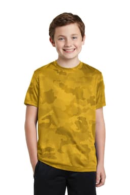 A youth T-shirt in a vibrant yellow camouflage pattern, featuring a logo.