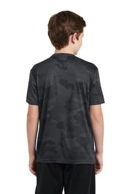 A youth T-shirt in dark grey camo pattern, featuring short sleeves and a logo on the back.