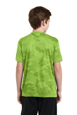 A youth T-shirt in bright green with a camo pattern, featuring a branded logo, viewed from the back.