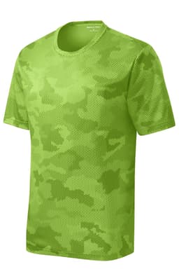 A green camo-patterned T-shirt made from breathable fabric, featuring a crew neckline and short sleeves.