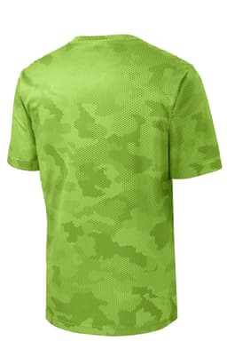 A green camo-patterned youth t-shirt featuring a mesh design and a logo on the front.