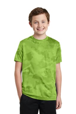 A youth t-shirt in bright green featuring a camo pattern, designed with a breathable material and short sleeves.