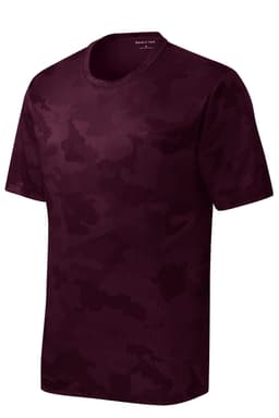 A maroon Youth CamoHex T-shirt featuring a camo pattern and a logo.