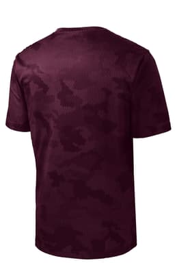 A maroon youth T-shirt featuring a camo hex pattern, with a logo on the back. Made from breathable fabric.