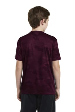 A maroon youth t-shirt with a camo pattern, featuring a logo on the back.