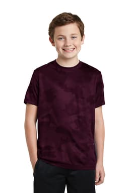 A youth t-shirt in burgundy featuring a camouflage pattern and a logo on the side.