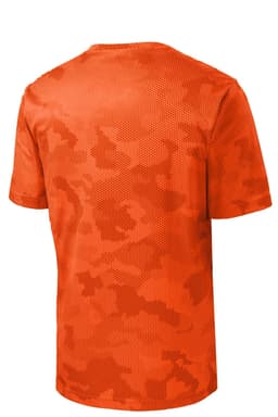 An orange camo-patterned youth t-shirt featuring a logo, with a breathable fabric design.
