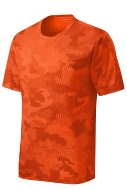 An orange camo-patterned T-shirt with a crew neck and short sleeves, featuring a logo.