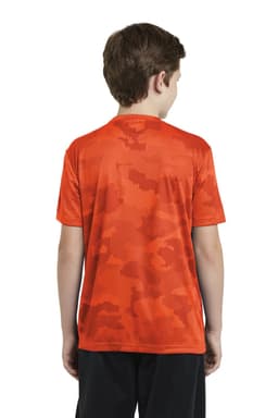 A youth t-shirt in vibrant orange with a camo pattern, featuring a logo on the back.