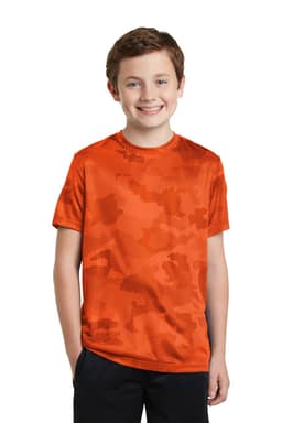A youth short-sleeve T-shirt in bright orange with a camo pattern, featuring a logo on the chest.
