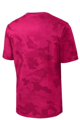 A pink camo-patterned youth t-shirt featuring a branded logo. The shirt has a breathable mesh texture on the back.