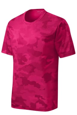 A pink camo-patterned youth t-shirt with short sleeves and a round neckline, featuring a logo.