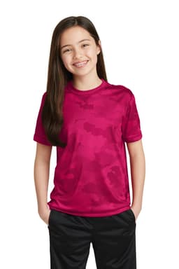 A youth T-shirt in a vibrant magenta camo pattern with a logo. Suitable for various casual occasions.