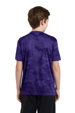 A purple youth t-shirt featuring a camo pattern, with a logo on the back.