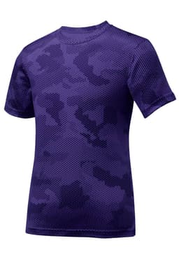 A purple camo-patterned youth T-shirt made of mesh fabric, featuring short sleeves and a round neck. It has a logo.