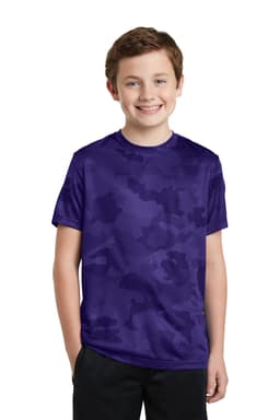 A purple camo-patterned t-shirt featuring short sleeves and a logo on the front. Suitable for youth sizes.