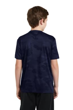 A youth t-shirt in navy with a camo hex pattern and a logo on the back. Ideal for casual wear.