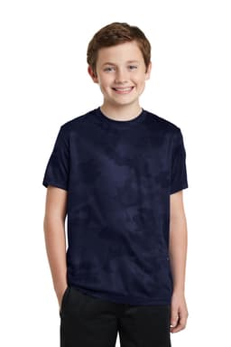 A navy blue youth T-shirt featuring a camo pattern and a logo. Suitable as a casual top for various activities.