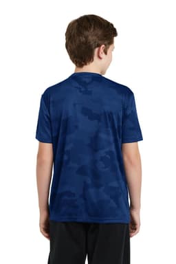 A youth T-shirt in navy with a camo pattern, featuring a logo on the back.