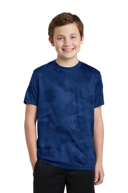 A youth T-shirt in navy blue with a camouflage pattern, featuring a logo.