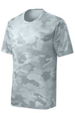 A grey camo-patterned youth t-shirt with a logo on the chest, designed for performance and comfort.