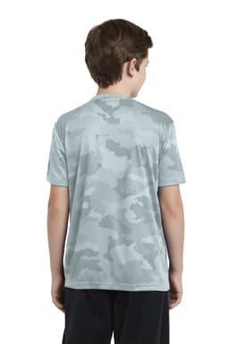 A youth T-shirt in grey camo pattern with a breathable texture, featuring a logo at the back.