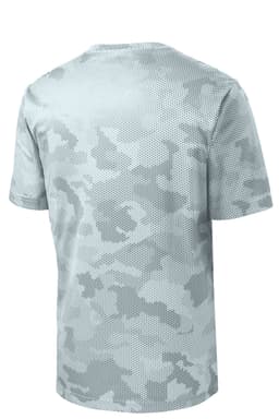 A grey Youth CamoHex T-shirt featuring a subtle camouflage pattern and a branding logo.