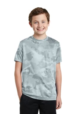 A youth T-shirt in grey camo pattern with short sleeves and a crew neck. It features a logo on the front.