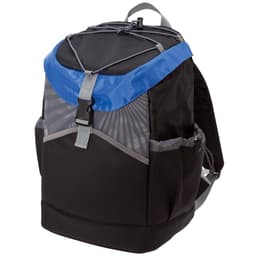 A black and blue cooler backpack with a front mesh pocket and adjustable straps, featuring a logo.