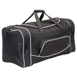 A black duffle bag with white piping, featuring a zippered pocket and dual handles. It also has a logo.