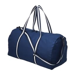 A navy canvas duffle bag with contrasting white handles and stripes, featuring a zip closure and a shoulder strap.